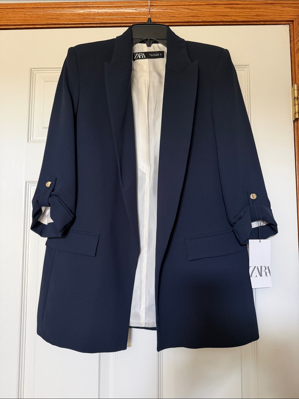 ZARA Navy Tailored Open-Front Blazer with Rolled Sleeves